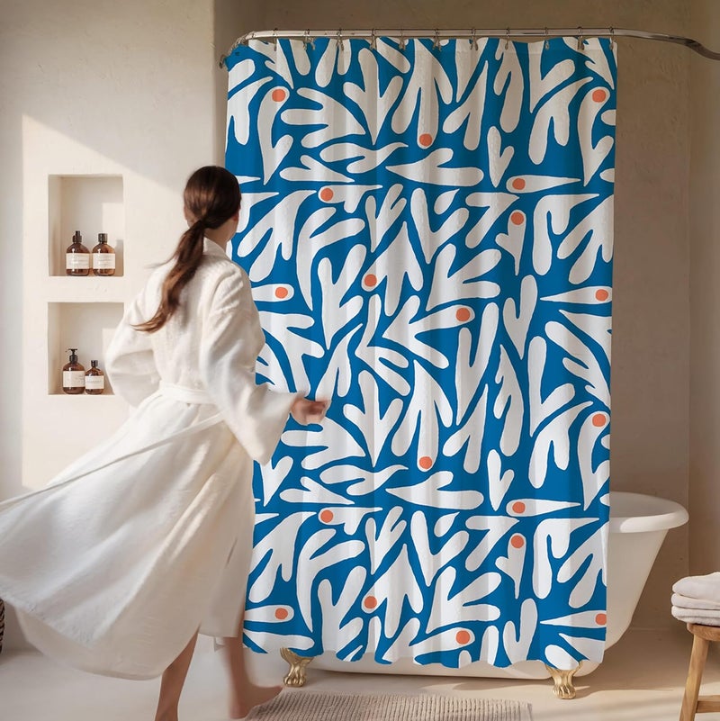 Worthwhile Goods Matisse Blue and White Boho Modern Fabric Shower Curtain, Abstract Floral Art Shower Curtain, 72x72 Inches (Matisse) - Image 2